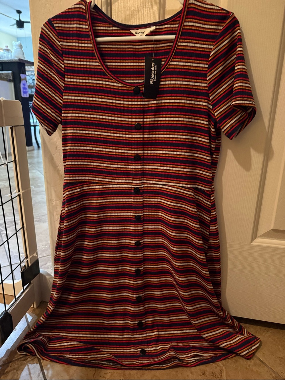 Bluenotes Multi-Stripe Button-Front Mini Dress in Red, Blue & Black